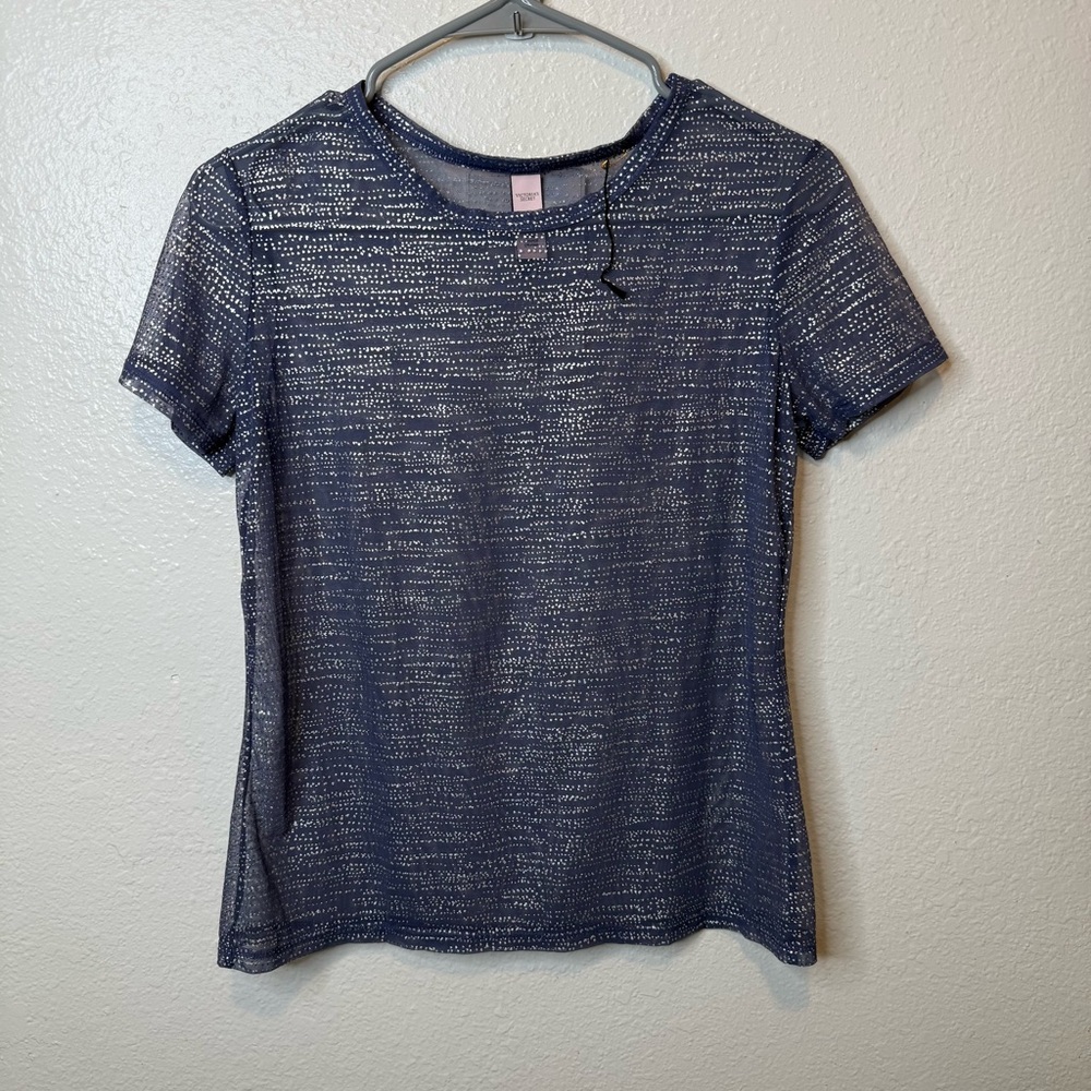 Victoria’s Secret Blue Mesh Short Sleeve Top Metallic Dots Size Small Fairy Y2K